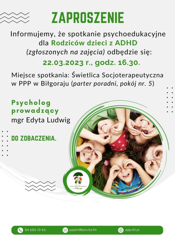 Plakat - Zaproszenie - dla Rodziców dzieci z ADHD - PPP Biłgoraj - 22.03.2023 r. godz. 16.30