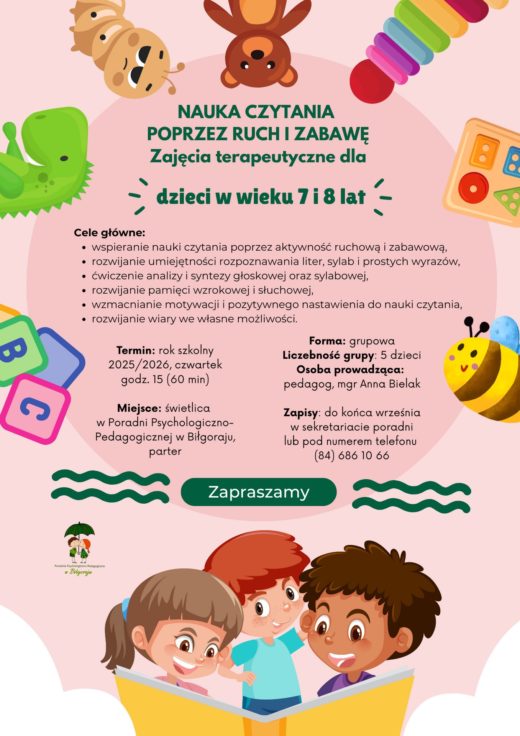 NAUKA CZYTANIA POPRZEZ RUCH I ZABAWĘ Zajęcia terapeutyczne dla dzieci w wieku 7 i 8 lat - Oferta 02-2025-26